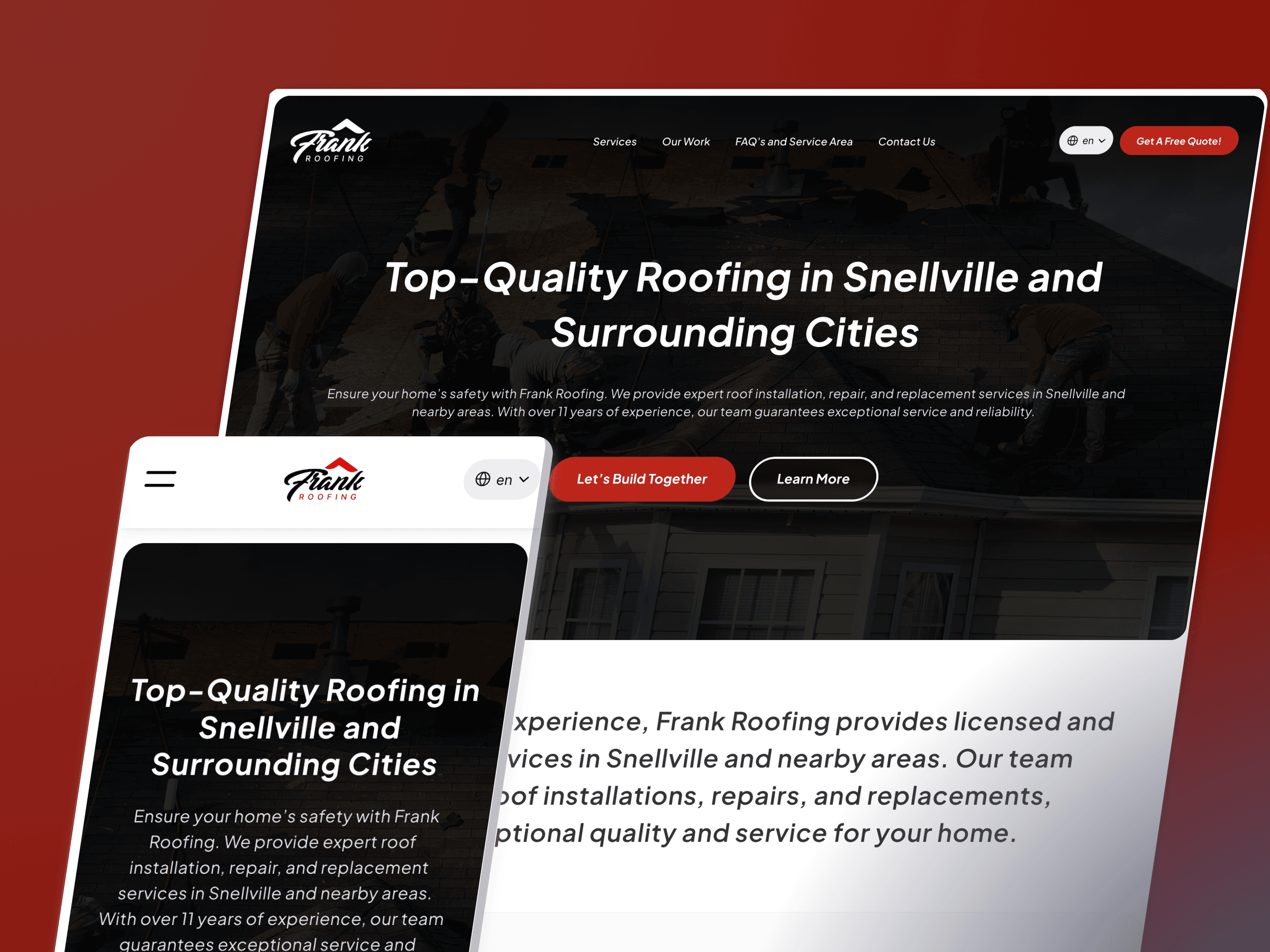 Diseñamos y desarrollamos el sitio web de Frank Roofing, mejorando su SEO para mayor visibilidad en búsquedas y gestionando campañas de marketing por correo electrónico para aumentar la interacción con los clientes. By GG Studio - Geek Guys Studio